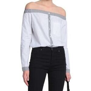 Bailey 44 Shibui Off The Shoulder White Stripe Shirt Blouse Size 12 Made in USA